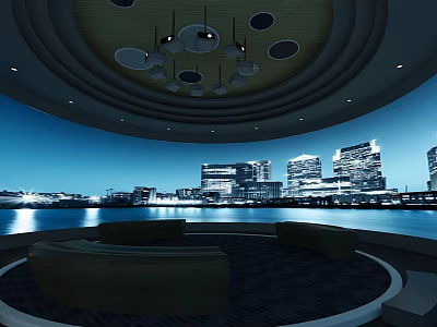 Modern Cinema Interior With Circular Design Sofa Seats Ceiling Lights And City Night View 3d model