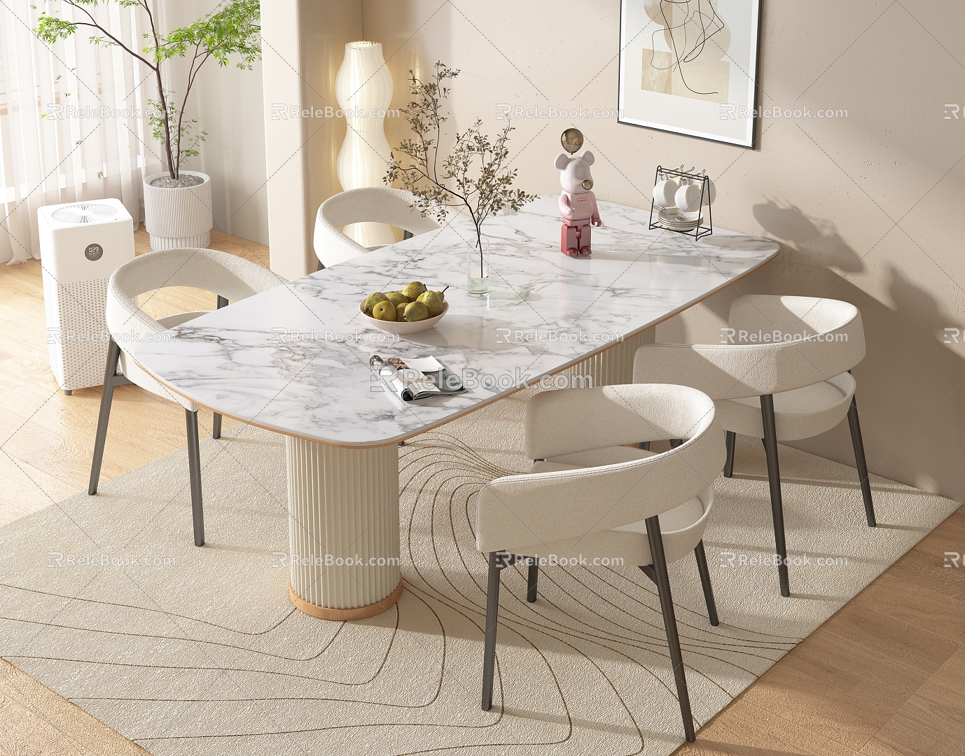 Modern Cream Style Marble Dining Table and Chair Combination Fabric Backrest Chair Book Ornaments Potted Plant Decorative Painting Carpet 3d model