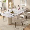 Modern Cream Style Marble Dining Table and Chair Combination Fabric Backrest Chair Book Ornaments Potted Plant Decorative Painting Carpet 3d model