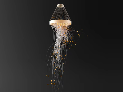 Stylish Modern Artistic Chandelier With Hanging White Threads And Golden Beads Design 3d model