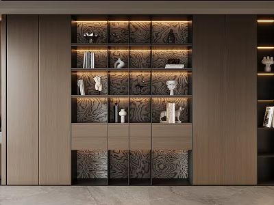 Modern Wooden Bookcase With Layered Shelves Built-in Lighting And Decor Items 3d model
