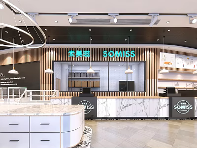 SOMISS Dessert Shop Modern Interior Design With Marble Counter Wooden Decor And Signage 3d model