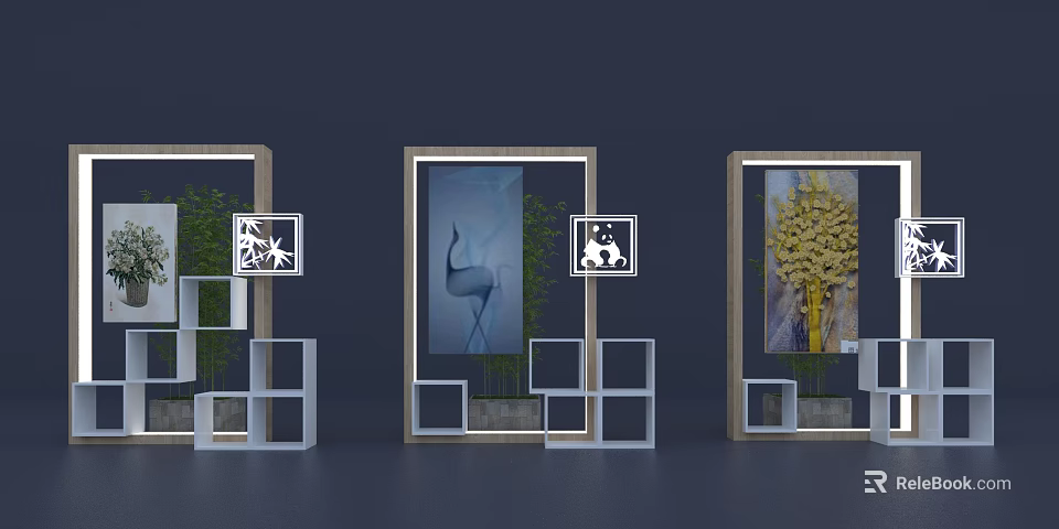 Display Shelves with Framed Decorative Artworks Green Plants and Geometric White Shelves on Dark Background 3d model 