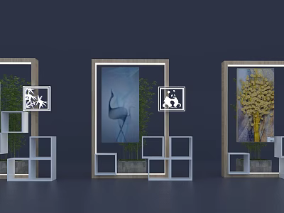 Display Shelves with Framed Decorative Artworks Green Plants and Geometric White Shelves on Dark Background 3d model