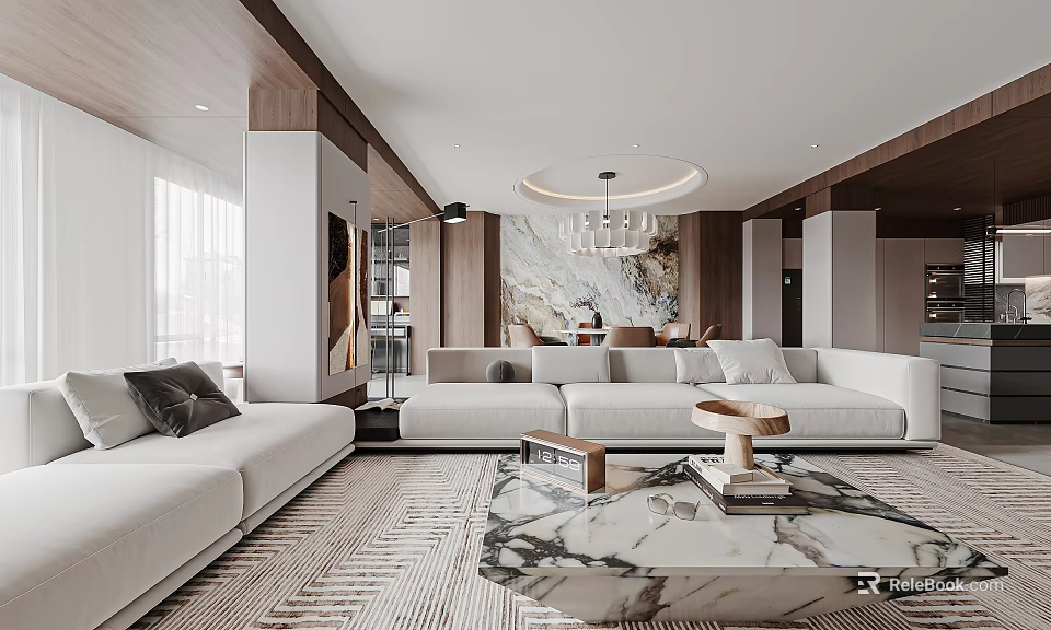 Modern Living Dining Room Interior With White Sofas Marble Coffee Table And Wooden Elements 3d model 