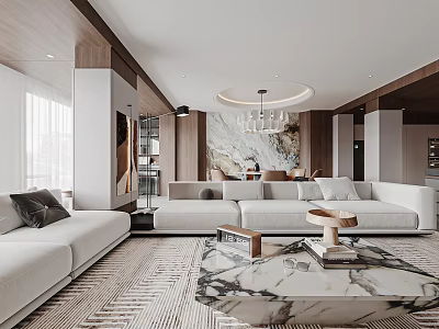 Modern Living Dining Room Interior With White Sofas Marble Coffee Table And Wooden Elements 3d model