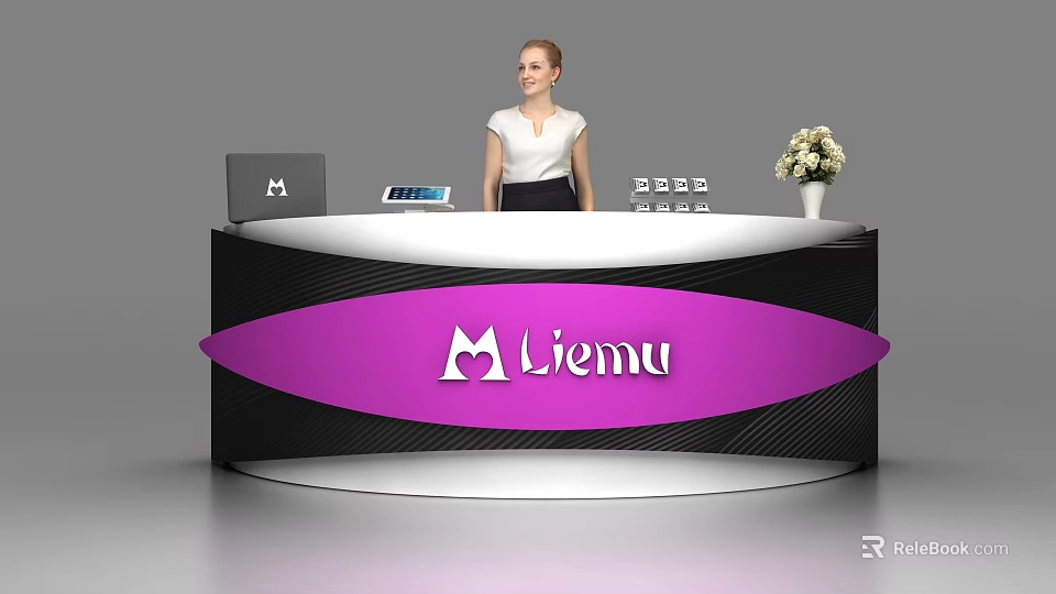 Modern Purple And Black Reception Desk With Liemu Logo Laptop Flowers And Receptionist 3d model 