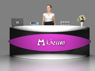 Modern Purple And Black Reception Desk With Liemu Logo Laptop Flowers And Receptionist 3d model