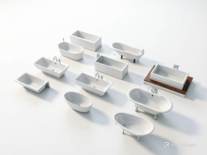 Various White Bathtub Designs Including Freestanding And Built In With Wooden Base 3d model 