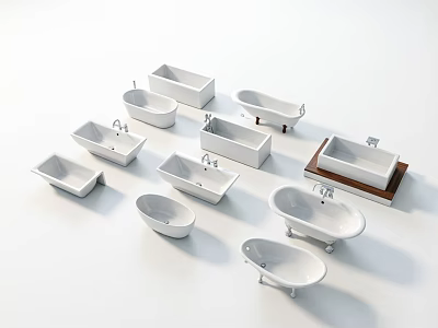 Various White Bathtub Designs Including Freestanding And Built In With Wooden Base 3d model