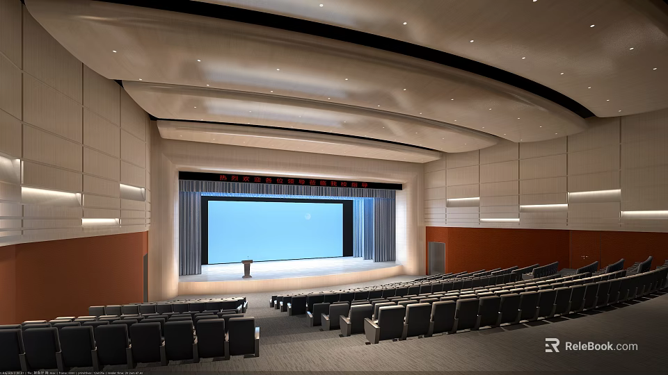 Modern Large Conference Room Interior With Stage Large Screen And Arranged Seats 3d model 