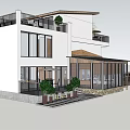 Modern Two Story Villa Exterior With Gray Roof Large Glass Windows And Balcony Terrace