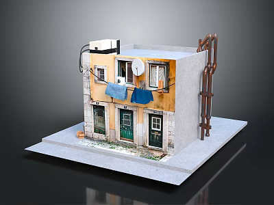 Detailed Model Building Featuring Yellow Walls Green Doors Windows Balcony Hanging Blue Cloth Ladder Structure 3d model