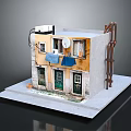 Detailed Model Building Featuring Yellow Walls Green Doors Windows Balcony Hanging Blue Cloth Ladder Structure