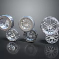 Multiple Stylish Tire Wheels With Different Metallic Designs On Dark Reflective Background