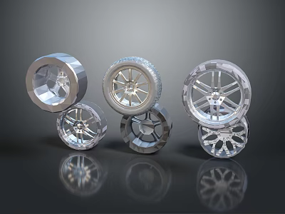 Multiple Stylish Tire Wheels With Different Metallic Designs On Dark Reflective Background 3d model