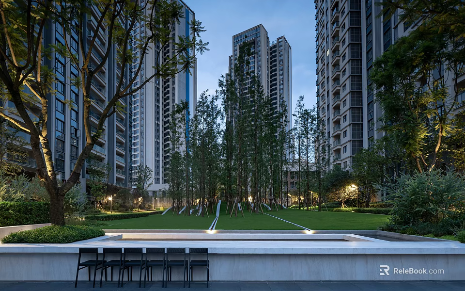 Evening Residential Landscape With High Rise Buildings Green Lawn Trees And Outdoor Seating 3d model 