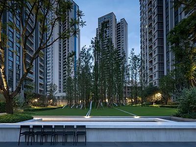 Evening Residential Landscape With High Rise Buildings Green Lawn Trees And Outdoor Seating 3d model