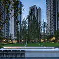 Evening Residential Landscape With High Rise Buildings Green Lawn Trees And Outdoor Seating