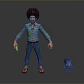 Man with Curly Hair Blue Shirt Jeans Holding Green Object and Small Purple Creature