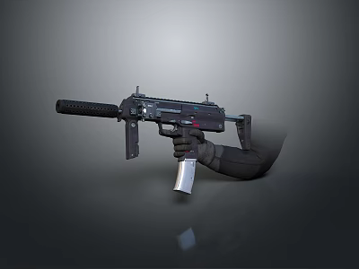 Black Tactical Submachine Gun Held By Gloved Hand On Reflective Surface 3d model