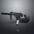 Black Tactical Submachine Gun Held By Gloved Hand On Reflective Surface 3d model