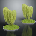 Two Graceful Weeping Willow Plants On Circular Grassy Bases With Green Foliage