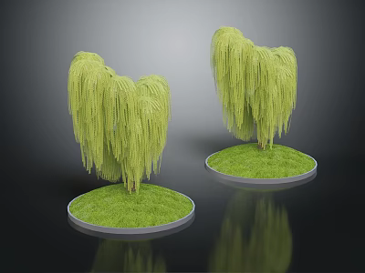 Two Graceful Weeping Willow Plants On Circular Grassy Bases With Green Foliage 3d model