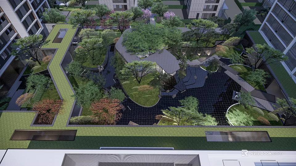 Modern Garden Landscape Design With Lush Trees Winding Paths And Water Features 3d model 