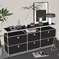 Modern Black Console Sideboard Cabinet with Drawers Books Decorative Items and Plants in Interior