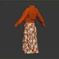Stylish Red High Neck Long Sleeve Top With Patterned Skirt For Daily Use