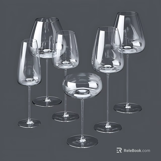 Elegant Transparent Glass Wine Bottles And Stemmed Wine Glasses With Various Designs 3d model 
