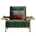 Green Upholstered Single Sofa with Wooden Armrests Red Blue Cushions and Metal Legs