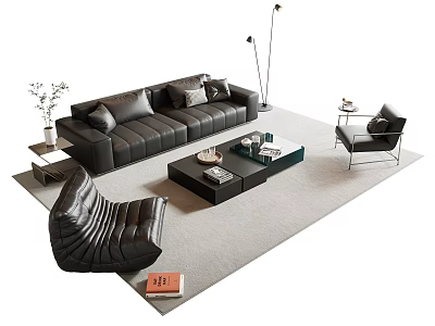 Modern Black Leather Sofa and Coffee Table Set with Armchair Lamp Decor on Rug 3d model