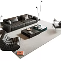 Modern Black Leather Sofa and Coffee Table Set with Armchair Lamp Decor on Rug
