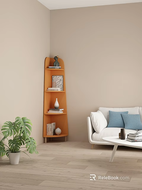 Orange Corner Multi Tiered Shelf in Living Room with Books Vase and Green Plant 3d model 