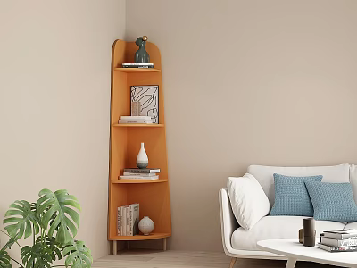 Orange Corner Multi Tiered Shelf in Living Room with Books Vase and Green Plant 3d model