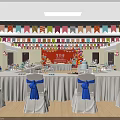 Meeting Room Decorated With Colorful Banners Long Tables Cake And Drinks