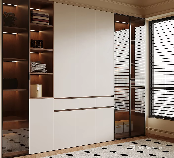 Modern White Wardrobe Interior With Glass Doors Open Shelves And Window Blinds 3d model 