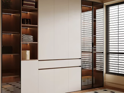 Modern White Wardrobe Interior With Glass Doors Open Shelves And Window Blinds 3d model
