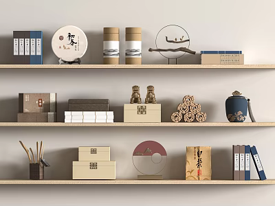 Decorative Ornament Combination On Wooden Shelves With Round Jars Boat Figurine Golden Statues And Books 3d model