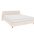 Modern Minimalist Double Bed With Beige Upholstered Headboard And Wave Patterned Mattress