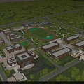 Modern School Buildings Complex With Football Field Greenery And Water Pond