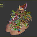 Cartoon Tropical Island Scene With Green Palm Trees Sandy Beach And Red Flag Building