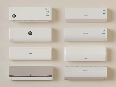 Various Wall Mounted Air Conditioners With Different Brand Logos Neatly Displayed 3d model