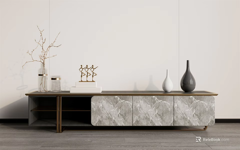 Modern TV Stand With Marble Front Brass Frame And Decorative Vases Branches 3d model 
