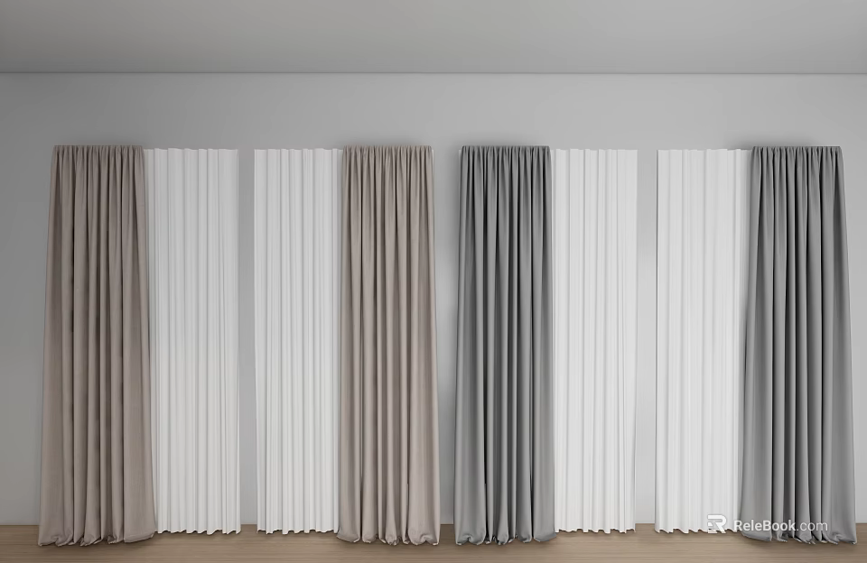 Various Neutral Toned Curtains In Beige White Gray With Pleated Design For Home Interiors 3d model 