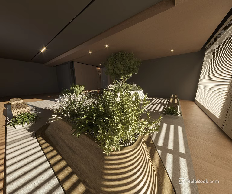 Modern Indoor Space With Wooden Flooring Blinds Light And Green Plants 3d model 