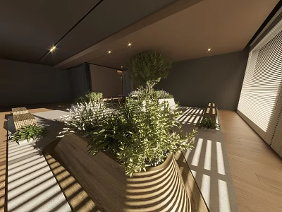 Modern Indoor Space With Wooden Flooring Blinds Light And Green Plants 3d model