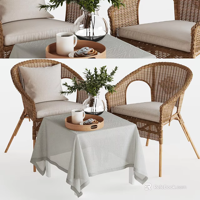 Wicker Outdoor Sofa with Cushions and Side Table Featuring Tray Cup and Green Plant 3d model 
